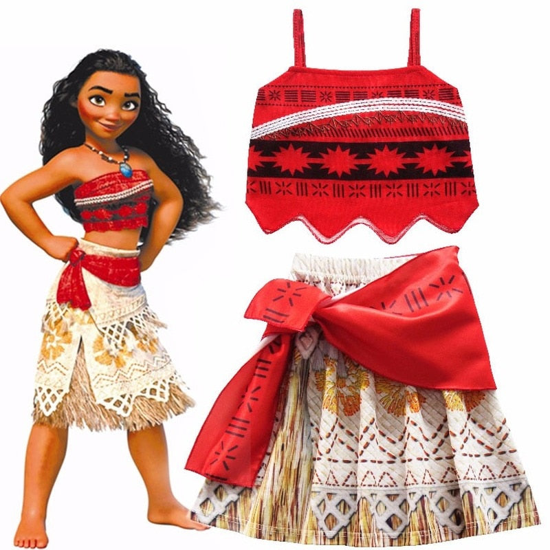 Girls Moana Cosplay Costume for Kids Vaiana Princess Dress Clothes with Necklace for Halloween Costumes Gifts for Girl